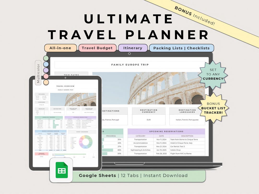 Ultimate Travel Planner Google Sheets Multicolor, Trip Budget Expenses ...