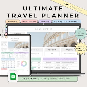 Ultieme reisplanner Google Spreadsheets veelkleurig, reisbegrotingskostentracker, spreadsheetplanner vakantiereisplan, digitale paklijst