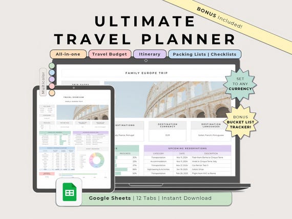 Ultimate Travel Planner Google Sheets Multicolor, Trip Budget Expenses Tracker, Holiday Itinerary Spreadsheet Planner, Digital Packing List