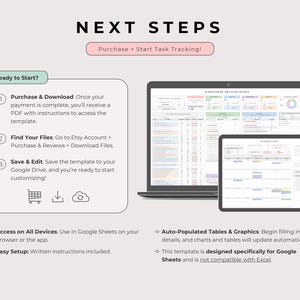 “Next Steps” instruction graphic outlining access process: 1. Purchase & download, 2. Find your files, 3. Save & edit. Displays Eisenhower matrix and Smart Calendar template pages on laptop and tablet screens. Highlights auto-filled tables and graphics, easy setup, and full compatibility with Google Sheets across devices.