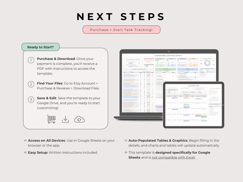 “Next Steps” instruction graphic outlining access process: 1. Purchase & download, 2. Find your files, 3. Save & edit. Displays Eisenhower matrix and Smart Calendar template pages on laptop and tablet screens. Highlights auto-filled tables and graphics, easy setup, and full compatibility with Google Sheets across devices.
