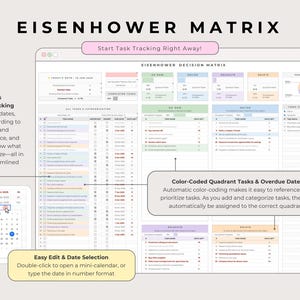 Eisenhower Matrix spreadsheet for task tracking with quadrants labeled Do Now, Decide, Delegate, and Delete. Includes automatic color-coded tasks, overdue date highlights, and easy date input with built-in mini-calendar selector. Clear, organized layout in a user-friendly multicolor aesthetic design.
