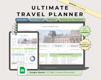Ultimate Travel Planner Google Sheets Green Blue, Trip Budget Spreadsheet Organizer, Travel Itinerary, Digital Checklist and Packing List