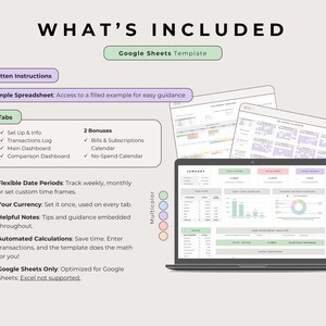 6-tab list with 2 bonuses beside a laptop monthly dashboard and tilted bills and no-spend calendars, Multicolor.