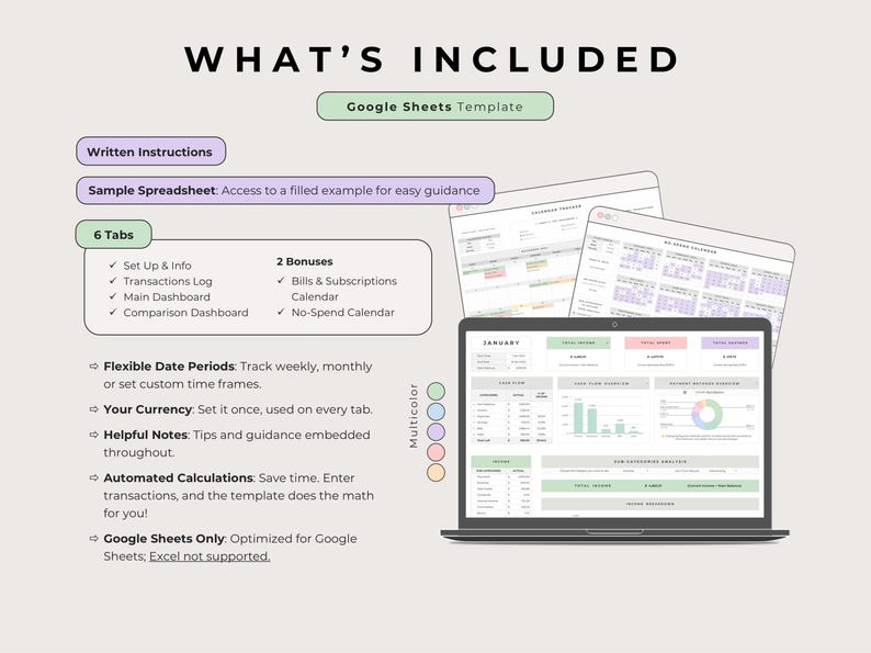 6-tab list with 2 bonuses beside a laptop monthly dashboard and tilted bills and no-spend calendars, Multicolor.