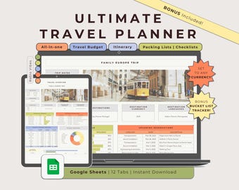 Ultimate Travel Planner Google Sheets Retro Vibes, Trip Budget Expenses Tracker, Holiday Itinerary Spreadsheet Planner, Digital Packing List