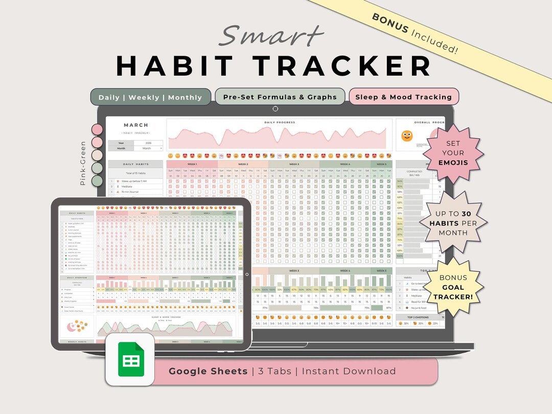 Habit Tracker Google Sheets Pink Green, Digital Daily Routine ...