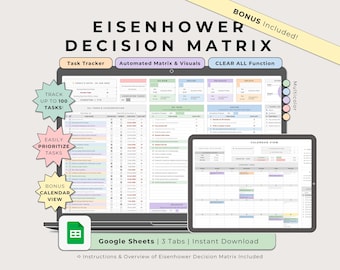 Eisenhower Decision Matrix Google Sheets Multicolor, To Do Task Tracker Manager Spreadsheet, Smart Calendar, Digital Priority List Template