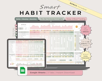 Habit Tracker Google Sheets Pink Green, Digital Daily Routine Productivity Planner Spreadsheet, Weekly Monthly Habit Template, Goal Planner