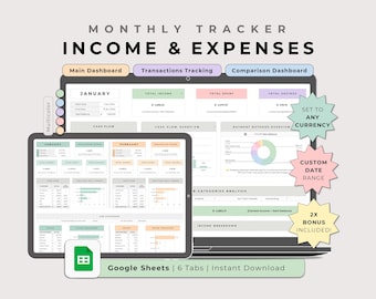 Income & Expense Tracker Google Sheets Multicolor, Monthly Paycheck Biweekly Weekly Template, Digital Financial Organizer Spreadsheet