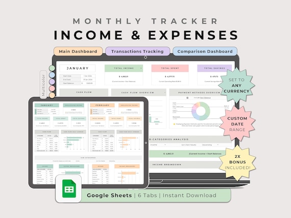 Income & Expense Tracker Google Sheets Multicolor, Monthly Paycheck Biweekly Weekly Template, Digital Financial Organizer Spreadsheet