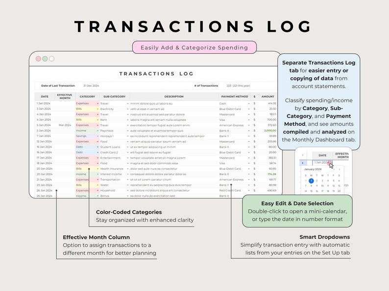 Transactions log: one color-coded row per entry with date, category, payment method and amount, Multicolor.
