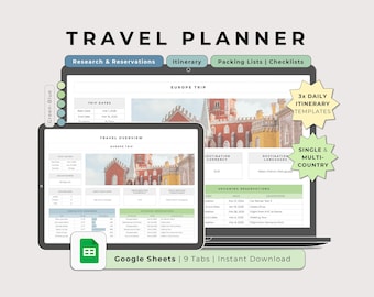 Google Sheets Travel Planner: Green Blue Trip Organizer Template (Digital Download)