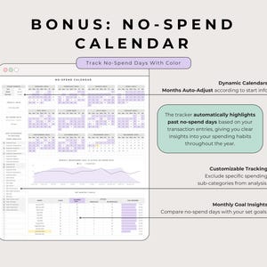 Bonus no-spend calendar: 12 mini month grids, an exclusions table and monthly no-spend goals, Multicolor.