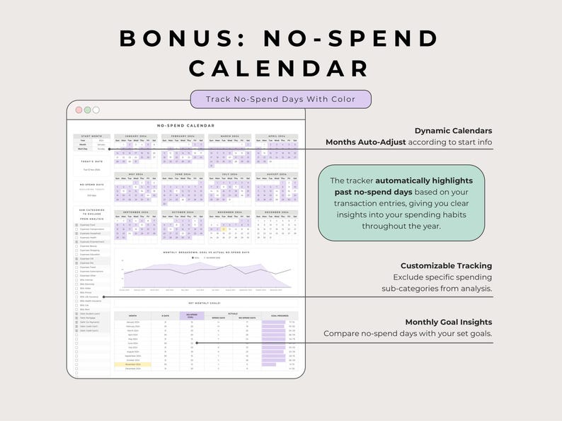 Bonus no-spend calendar: 12 mini month grids, an exclusions table and monthly no-spend goals, Multicolor.