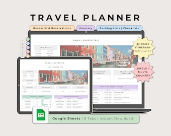 Travel Planner Spreadsheet Multicolor Template, Google Sheets Trip Organizer, Packing List, Holiday Itinerary, Digital Travel Dashboard