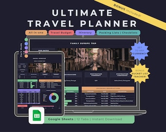 Ultimate Travel Planner Google Sheets Dark Mode, Trip Budget Expenses Tracker, Vacation Itinerary Spreadsheet Template, Digital Packing List