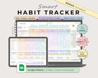 Habit Tracker Google Sheets Multicolor, Daily Weekly Monthly Productivity Routine Planner Spreadsheet, To Do List Goal Task Tracker Template