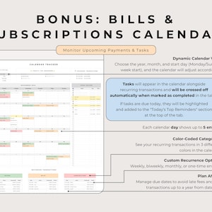 Bonus calendar: month grid, a dated tasks list, reminders, and income, bills and subscription tables, Multicolor.
