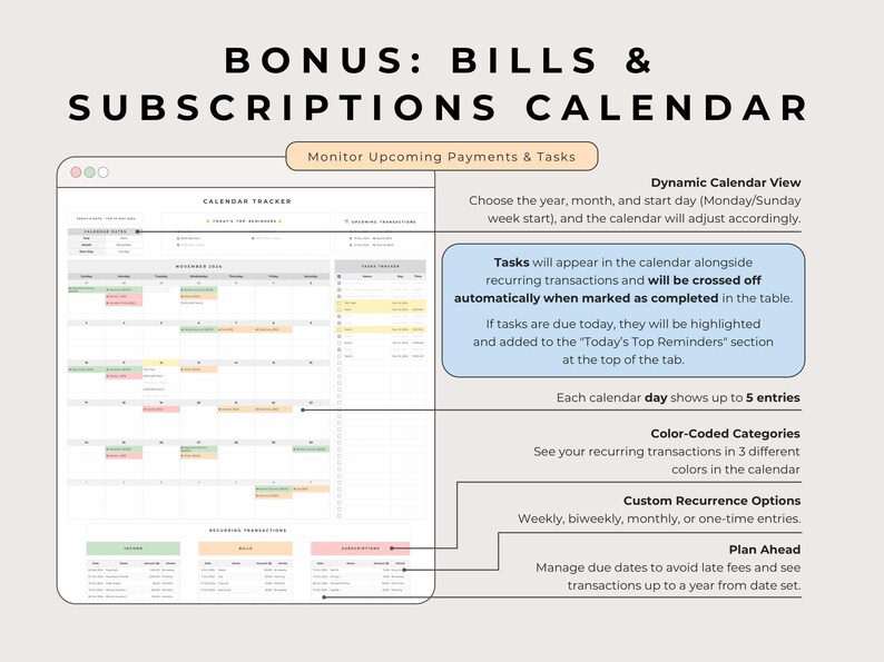 Bonus calendar: month grid, a dated tasks list, reminders, and income, bills and subscription tables, Multicolor.