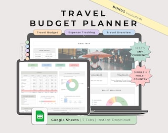 Travel Budget Planner Google Sheets Multicolor Template, Trip Expense Budgeting Planning Spreadsheet, Digital Vacation Spending Tracker