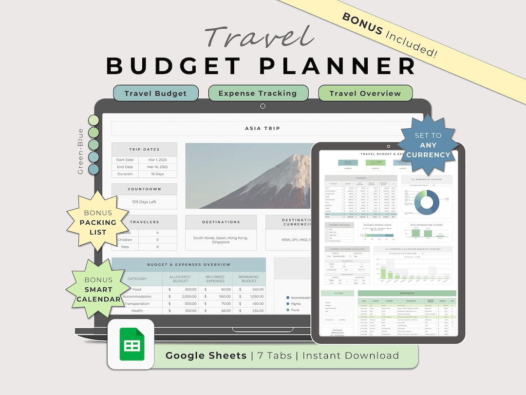 Travel Budget Planner Google Sheets Green Blue Template, Trip Expense ...