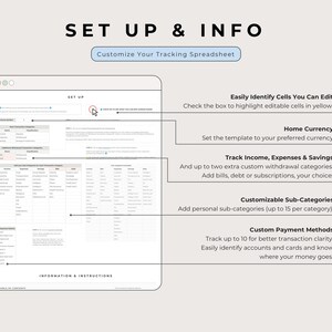 Set up tab: currency, tracking categories, subcategories and up to 10 payment methods, Multicolor.