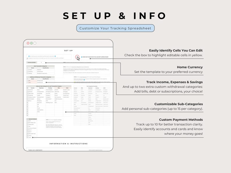 Set up tab: currency, tracking categories, subcategories and up to 10 payment methods, Multicolor.