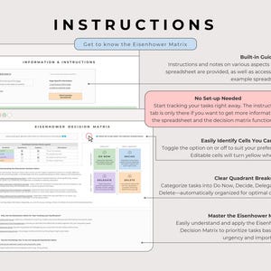 Eisenhower Decision Matrix Google Sheets instructions tab with built-in guidance, access to a filled example, easy identification of editable cells, and clear quadrant breakdown (Do Now, Decide, Delegate, Delete). Highlights no setup needed and clear visual guidance on using the productivity tool. Designed in Google Sheets to help organize and prioritize tasks effectively.