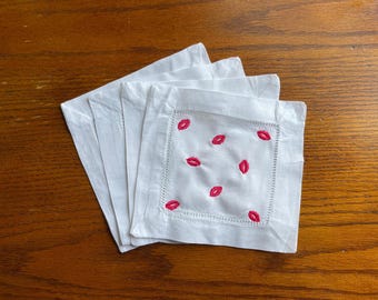 Chic Lip Print Cocktail Napkins in Hot Pink, Linen, Set of Four