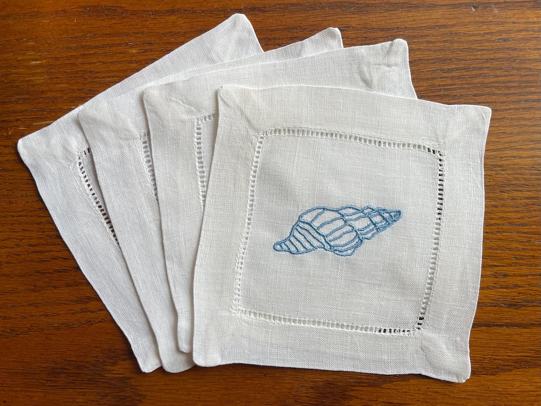 Embroidered Conch Seashell Cocktail Napkins - Azure Blue, Linen, Set of ...