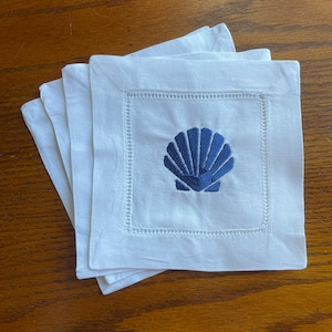 Embroidered Seashell Cocktail Napkins - Blue Linen-Cotton Blend, Set of 4