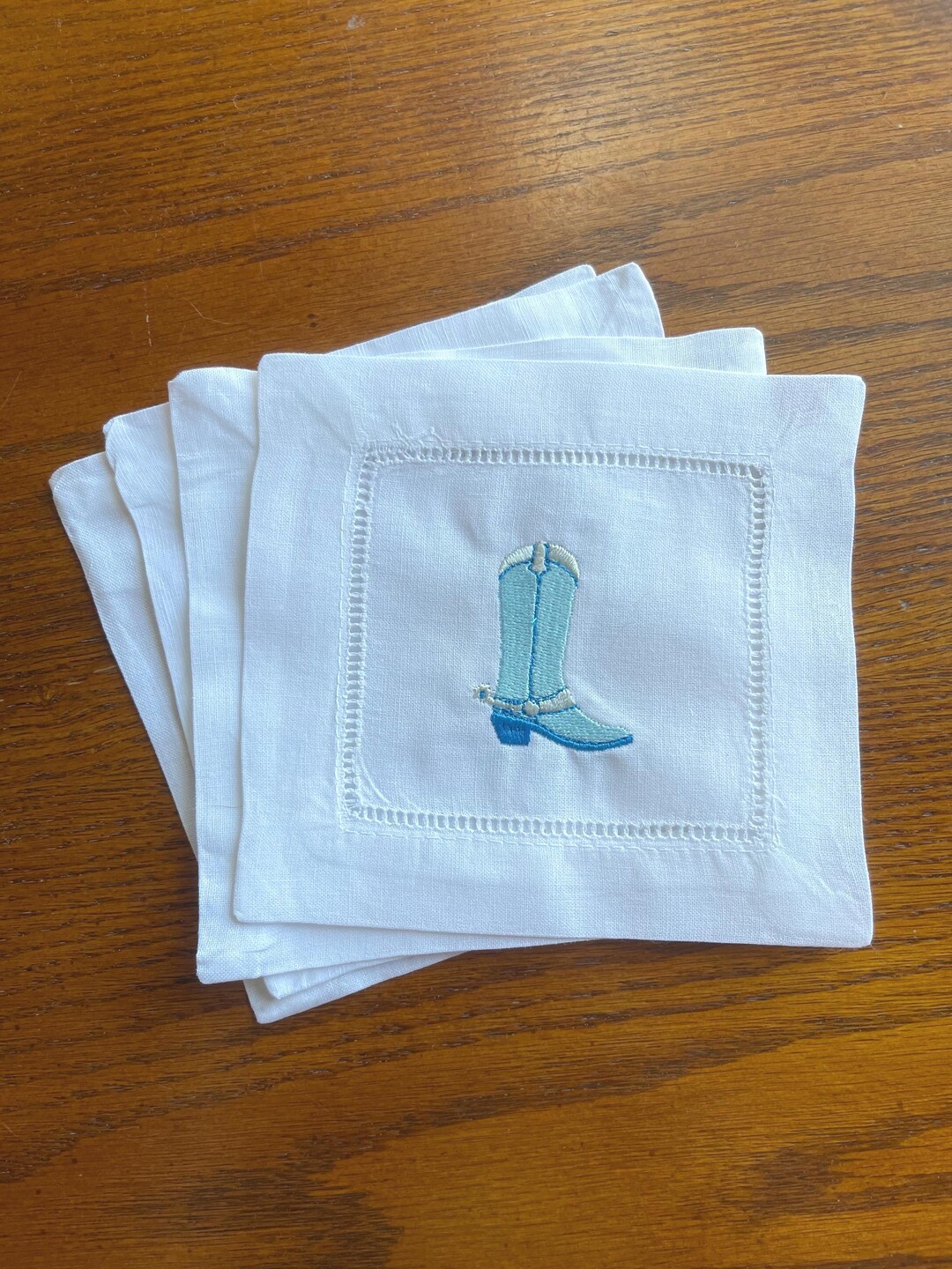 Embroidered Blue Cowboy Boot Cocktail Napkins: Linen, Set of 4 - Etsy