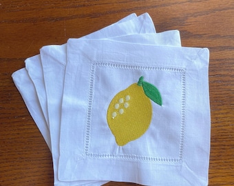 Embroidered Lemon Cocktail Napkins, Linen, Set of 4