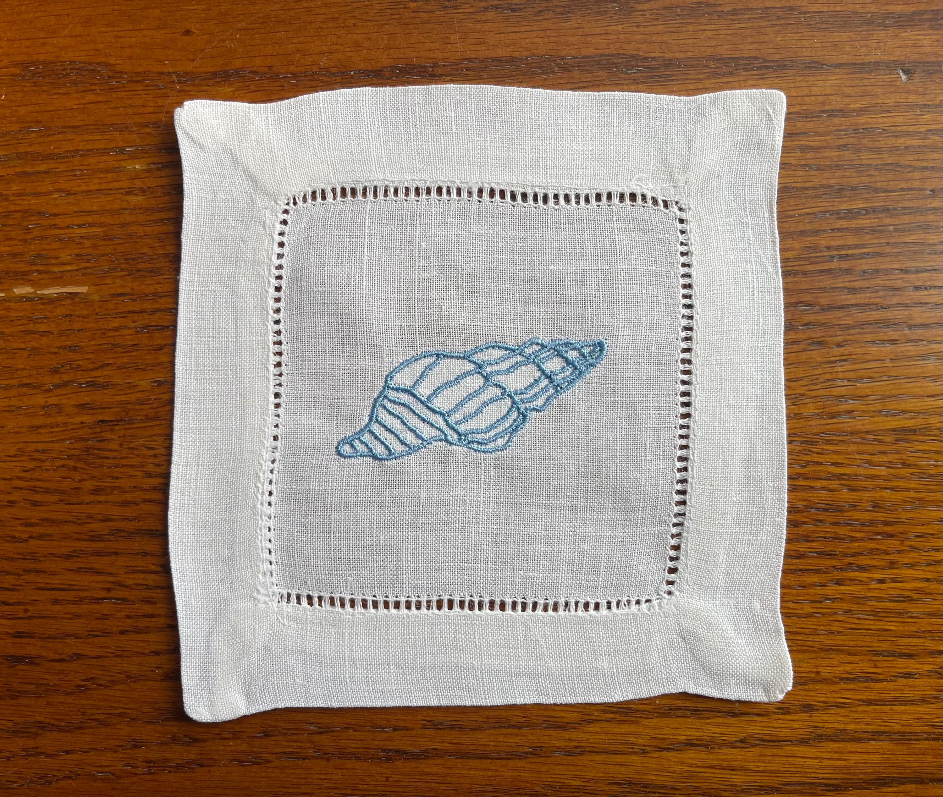 Embroidered Conch Seashell Cocktail Napkins - Azure Blue, Linen, Set of ...
