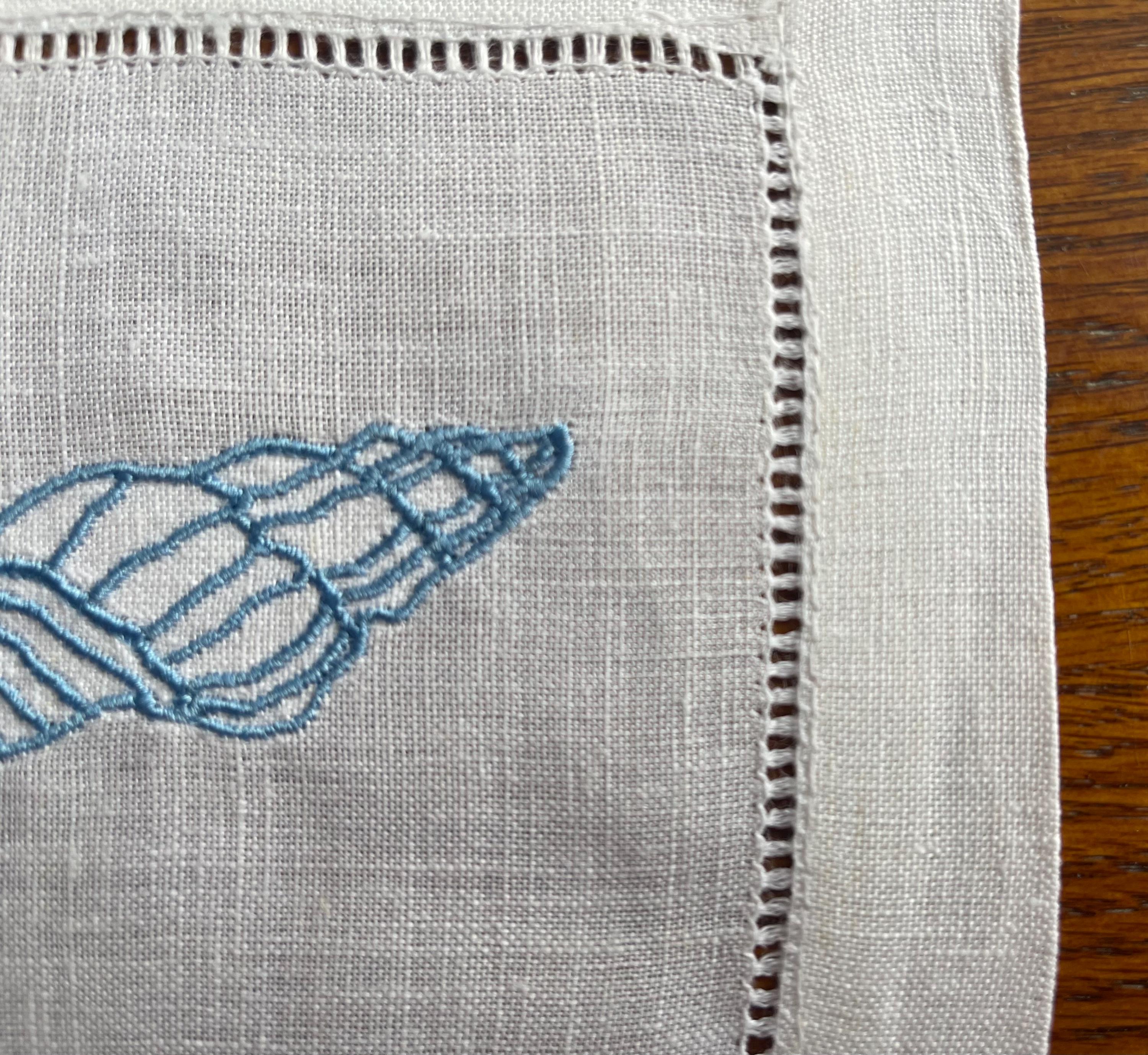 Embroidered Conch Seashell Cocktail Napkins - Azure Blue, Linen, Set of ...