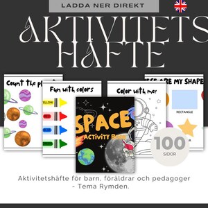 Könnte beinhalten: Eine Sammlung von Kinder-Aktivitätsbüchern zum Thema Weltraum. Die Cover zeigen Planeten, Buntstifte, einen Astronauten und die Worte "SPACE ACTIVITY BOOK". Die Bücher sind auf Englisch und haben 100 Seiten.