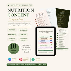 Könnte beinhalten: Ein digitales Ernährungs-Content-Vorlagenpaket mit einem Tablet, das ein Protein-Spickzettel anzeigt, umgeben von verschiedenen Informationsdokumenten. Der Text enthält Ways to Health Studio, Nutrition Content Template Pack und 10 Premium Templates.