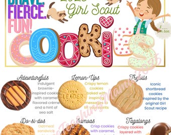 2026 Girl Scout Cookie Menu Poster– Little Brownie Bakers- Printable Cookie Booth Sign – Brave. Fierce. FUN! (Green Girl Scout Vest Version)