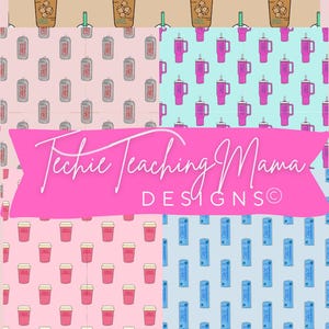 Könnte beinhalten: Eine digitale Collage aus vier verschiedenen Mustern mit Eiskaffee, Getränkedosen und Bechern. Die Muster sind in Braun-, Rosa-, Blau- und Hellblautönen gehalten. Der Text "Techie Teaching Mama DESIGNS©" ist in Rosa.