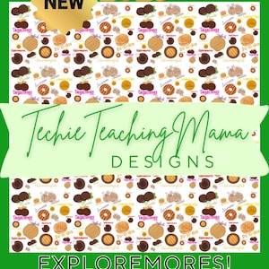 以下が含まれることがあります： クッキーとその名前のパターンが描かれた緑色の背景。 「Techie Teaching Mama DESIGNS」と「EXPLOREMORES！」の文字が表示されています。 画像には「with NEW 2026 COOKIE！」というテキストも含まれています。