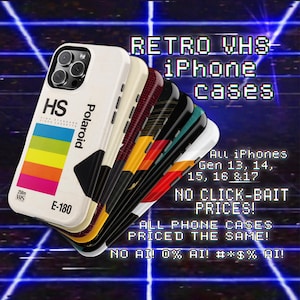 May include: A stack of five iPhone cases featuring retro VHS cassette designs. The top case is white with a rainbow stripe, the text HS, Polaroid, and E-180. Other cases show black, red, and yellow patterns. Text includes RETRO VHS iPhone cases.