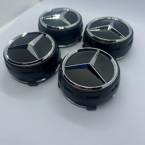 Mercedes Benz AMG Wheel Center Caps: Black Emblem, 75mm (Set of 4), No Customs Fees (U.S.)