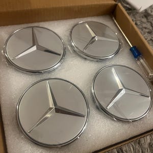 Mercedes Silver Floating Wheel Center Caps - 75mm Set, No Customs Fees (U.S.)