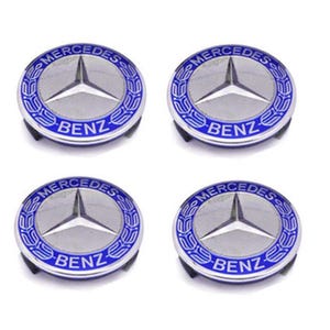 Mercedes Benz Wheel Center Caps: Blue Hubcaps, Set of 4 (75mm), No Customs Fees (U.S.)