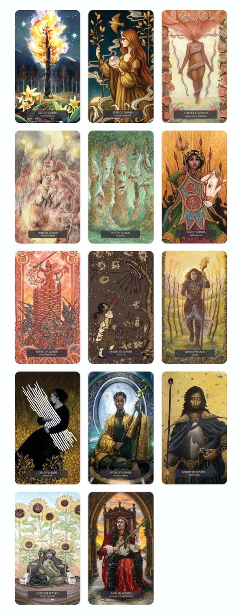 May include: Tarot card deck featuring illustrations of wands, a suit of the Major Arcana. The cards are in a grid of four rows and three columns. Each card has a unique illustration and a title.