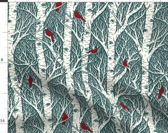 Cardinals & Birches fabric by the yard - woodland, tree, birch, bird, forest, crafting, sewing, tabletop, craft, nature, white, teal