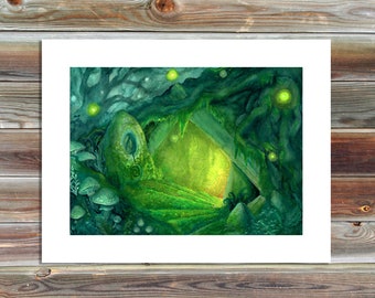 May include: A painting depicting a glowing green doorway set within a forest. The doorway is surrounded by vibrant green foliage and glowing orbs of light.