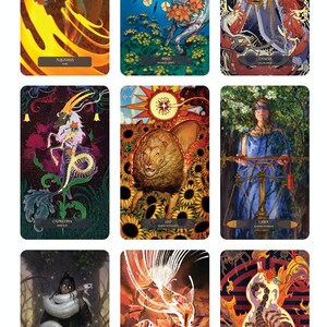 May include: A set of 12 tarot cards featuring zodiac signs. Each card has a unique illustration with a person, animal, or symbol representing the zodiac sign. The cards are in a dark, gothic style with a black background and gold accents.