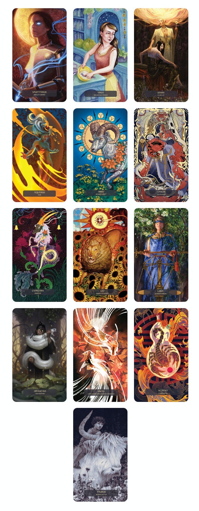 May include: A set of 12 tarot cards featuring zodiac signs. Each card has a unique illustration with a person, animal, or symbol representing the zodiac sign. The cards are in a dark, gothic style with a black background and gold accents.